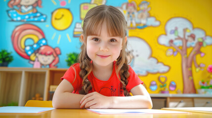 funny little girl 8 years old sits in a modern school classroom at a desk, smiles and looks at the camera
