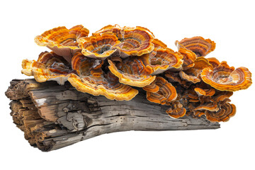 Obraz premium Saprophytic fungus on a piece of wooden on transparent background Generative Ai