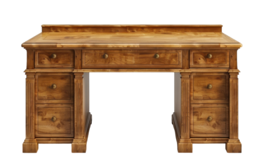 A classic, elegant desk with a rich wood finish and numerous drawers for organization