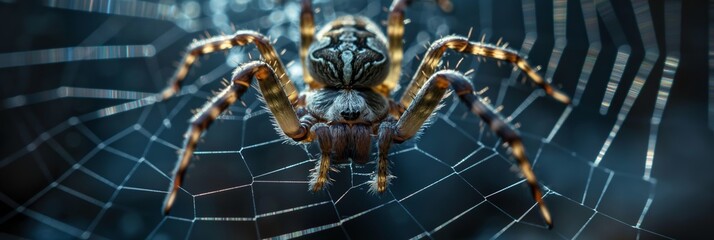 Fototapeta premium A spider is on a web. The spider is brown and black