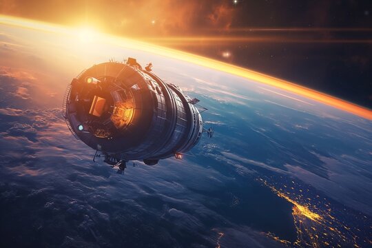 A space shuttle is flying through the sky above the Earth. The sun is setting, casting a warm glow over the scene. The shuttle is surrounded by clouds, giving the impression of a peaceful