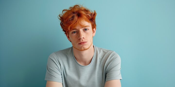 A young man with red hair and a grey shirt is sitting in front of a blue wall. He has a serious expression on his face