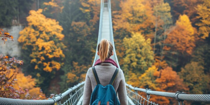 A woman is standing on a bridge with a backpack and a scarf. The bridge is surrounded by trees with leaves that are changing colors. The woman is enjoying the view and taking in the scenery