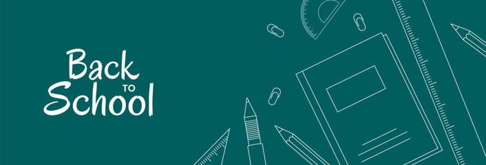 Back to school banner design. Education concept background with school supplies doodle. Vector illustration