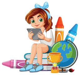 Girl Learning with Tablet and Books
