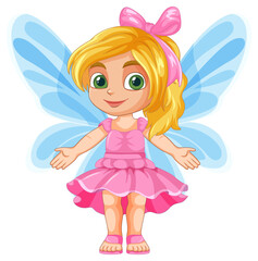 Blonde fairy in pink dress with blue wings
