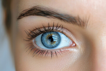 Obraz premium Close-up of an open blue eye with long eyelashes and brown eyebrows. Generative AI