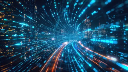 A cityscape with a blue globe in the center. The globe is surrounded by a network of lines that represent the city's infrastructure. Concept of modernity and technological advancement