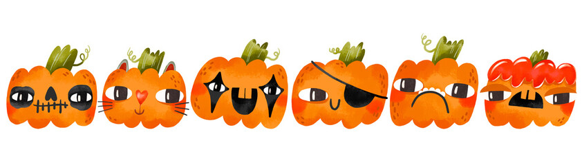 Cartoon pumpkin set. Characters for the Halloween masquerade. Mysticism and magic of the night. Cute baby illustration on isolated background. Halloween holiday