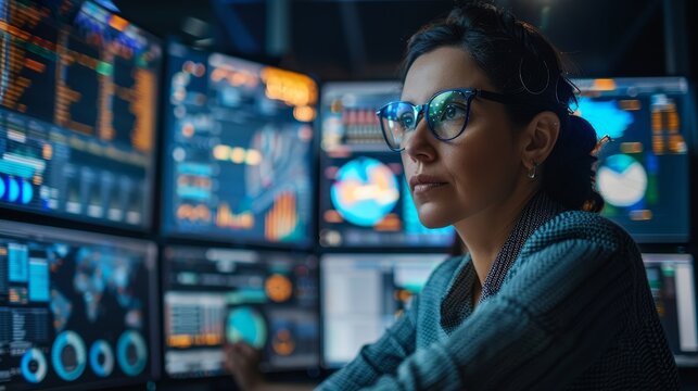 Female Senior Data Scientist Reviewing Reports Of Risk Management Department On Big Digital Screen In Monitoring Room. Diverse Consulting Company Employees Working Behind Desktop, Generative AI
