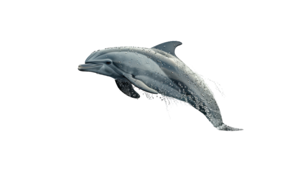 A dolphin leaps through the air, leaving a trail of water droplets behind