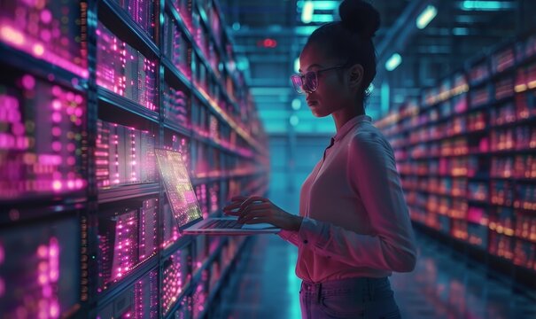 3D Computer Graphics. Big Data Center Female Chief Technology Officer Using Laptop Standing In Warehouse, Activates Servers, Information Digitalization Starts. SAAS, Cloud Computing, Generative AI