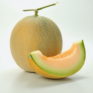 Honigmelone ganz und aufgeschnitten isoliert in strahlend wei&szlig;en hintergrund