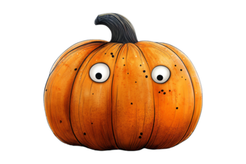 On a white backdrop, a creepy Halloween pumpkin face is intricately carved into a cartoonish Jack o' lantern.