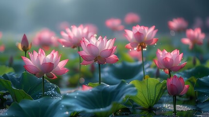 A serene lotus pond in full bloom, pink and white flowers contrasting with green leaves, early morning mist rising from the water, soft sunlight casting a peaceful glow, picturesque and tranquil,