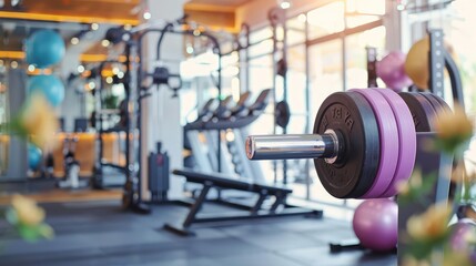 Obraz premium Close-up of defined muscles lifting weight plates, high-tech gym with stationary gear, body sculpting focus