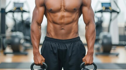 Close-up of defined muscles using kettlebells, high-tech gym with ellipticals in background, strength training