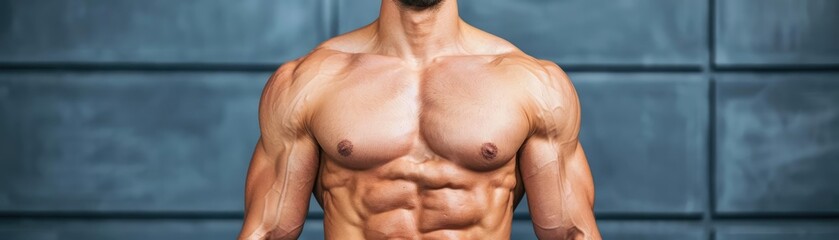 Naklejka premium Close-up of defined physique performing endurance exercises, high-energy force training in gym