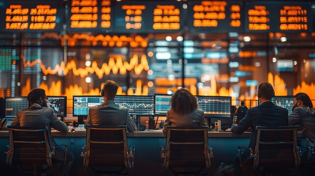 Routine Work Day in an International Stock Exchange Hall: Group of Multiethnic Specialists Monitoring Equity and Share Markets, Working on Maximizing Profits for Corporate Business, Generative AI
