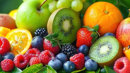 Vibrant assortment of fresh fruits including kiwi, berries, apple, grapes and citrus, perfect for healthy eating and colorful food displays.