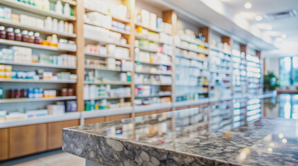 An empty drugstore counter with medications in the background