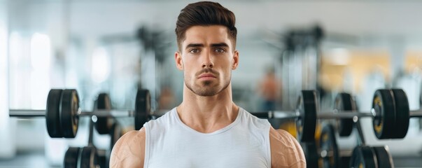 Muscular man using weight plates, stationary equipment in background, detailed gym sculpting training focus