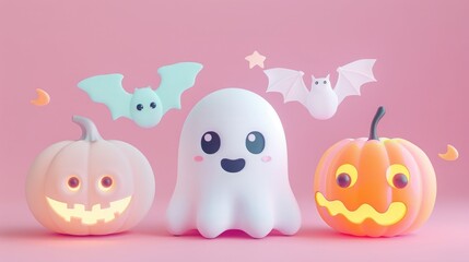 3D rendering of cute Halloween elements like smiling pumpkins, friendly ghosts, and playful bats in a colorful, whimsical design with ample copy space for text placement