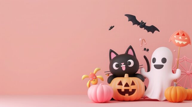 3D rendering of cute Halloween elements with a grinning black cat, cheerful ghost holding a pumpkin, and friendly spider in soft pastel colors