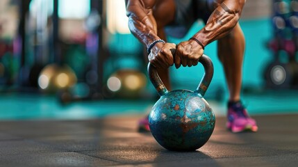 Person executing a challenging kettlebell routine, concentrated effort, intense strength practice