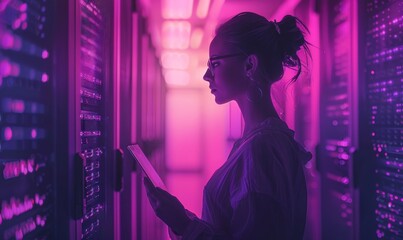 Female IT Specialist Uses Tablet in Data Center. Server Farm Cloud Computing Facility with Maintenance Administrator Working. Cyber Security Engineer Working in Personal Network, Generative AI