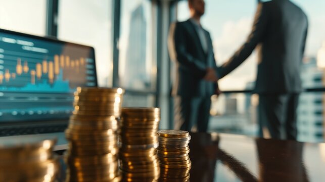 Partnerships and Profit with Stacks of Gold Coins and Business Deal in Modern Cityscape