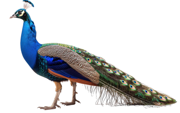A peacock with vibrant blue and green plumage stands proudly against a plain white backdrop
