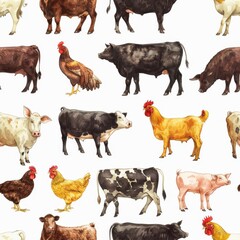 Fototapeta premium Seamless pattern with various farm animals including cows, chickens, and pigs on a white background.