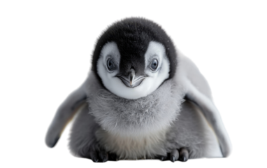 A fluffy penguin chick with dark eyes sits on the snowy ground