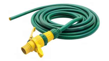Coiled Green Garden Hose with Yellow Nozzle