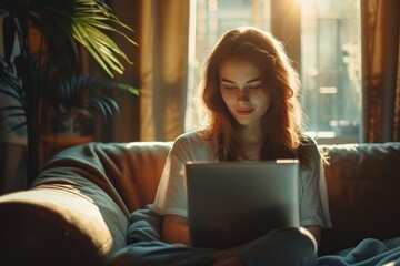 A female digital marketer is working from home using a laptop. She sits on a sofa with the laptop on her lap. Sunlight filters through the window, creating a serene atmosphere. She is analyzing