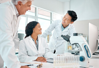Group, people and scientist for healthcare in lab with medical equipment, collaboration and...