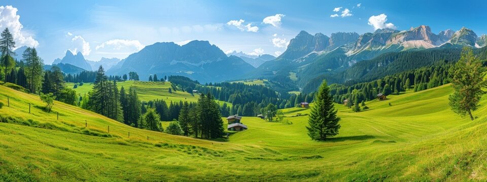 Beautiful green meadow with trees and houses in the mountains on sunny summer day with blue sky background.