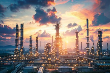 Obraz premium oil and gas plant at sunset