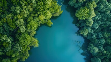Naklejka premium Top view environmentally friendly nature. Lush forests, and calm lakes within. Blue green tone.