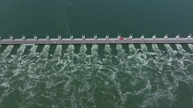 Aerial view of Oosterscheldekering barrier and turbulent waves, Vrouwenpolder, Netherlands.