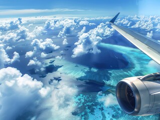 Aerial view of tropical island with white airplane wing extended. Island blue waters dotted with small islands and reefs add depth to landscape. Clear blue sky contrasts with green vegetation below.