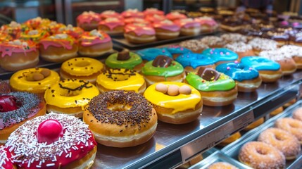 Assorted colorful doughnuts with different toppings and fillings on a bakery display.