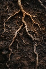 Fototapeta premium Underground image of tree roots growing in the soil, with empty copy space Generative Ai