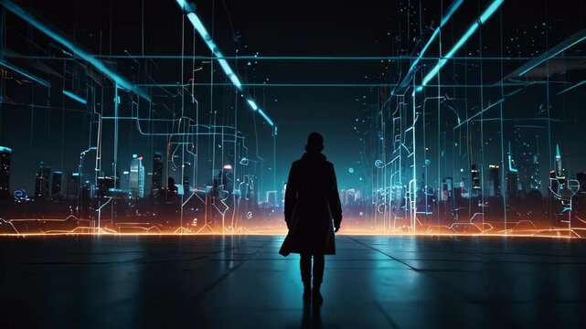 Man with digital code overlay. Ai learning, data and technology future, digital tech education, cybersecurity and digital marketing. 