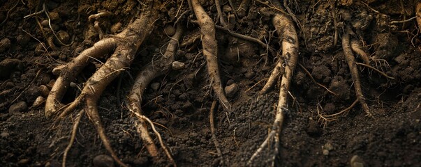 Underground image of tree roots growing in the soil, with empty copy space Generative Ai