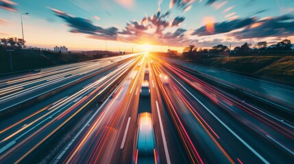 Cars driving on a highway at sunset, with streaks of headlights and taillights creating a dynamic scene.