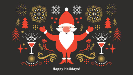 Christmas Card, horizontal banner, Seasons greetings theme, cute Santa and decorative elements, vector illustration in geometric flat style, black background © LenLis