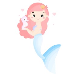 Cute Mermaid with Seahorse Cartoon Vector Illustration