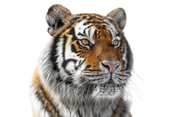 A majestic tiger stares directly at the camera, showcasing its powerful presence